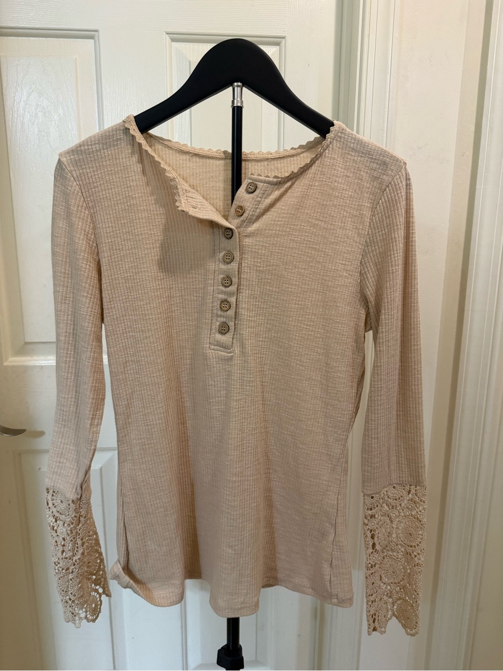 Amazon Women’s Crochet-Cuff Button Henley in Cream